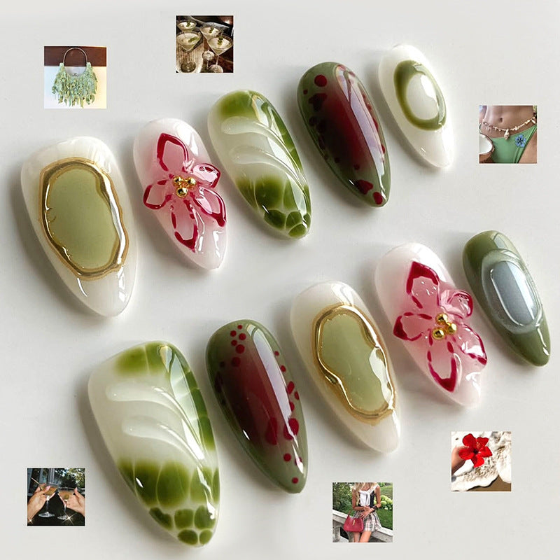 Decorative Press-On Nail Art Set with Floral and Gem Accents Bowlift 1788496103