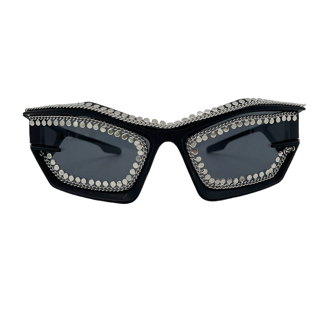 Ladies designer sunglasses in a futuristic look with sparkling rhinestone embellishment Bowlift