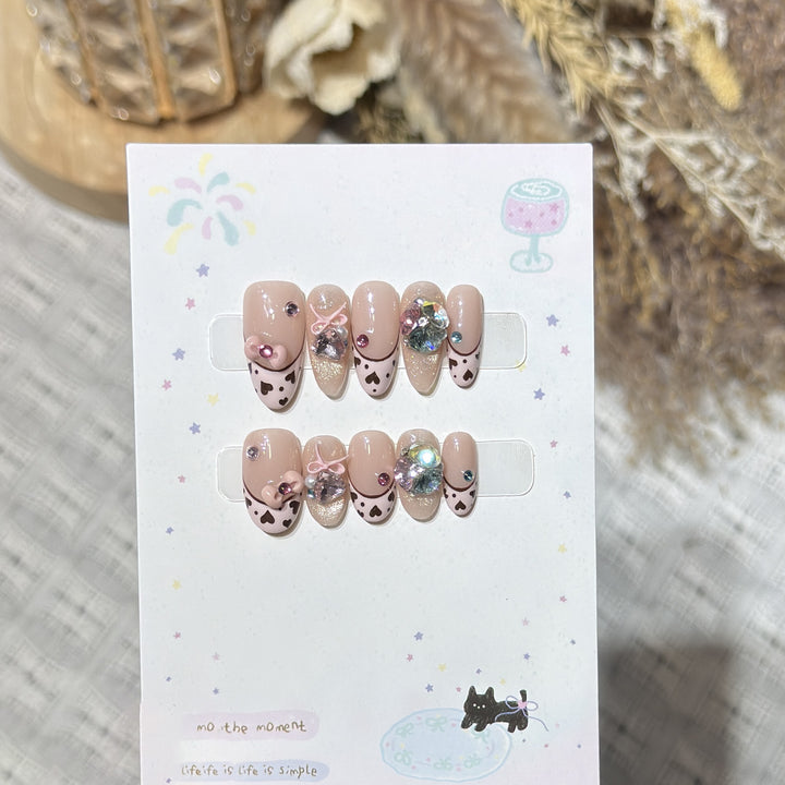 Decorative Press-On Nail Art Set with Heart and Gem Accents Bowlift