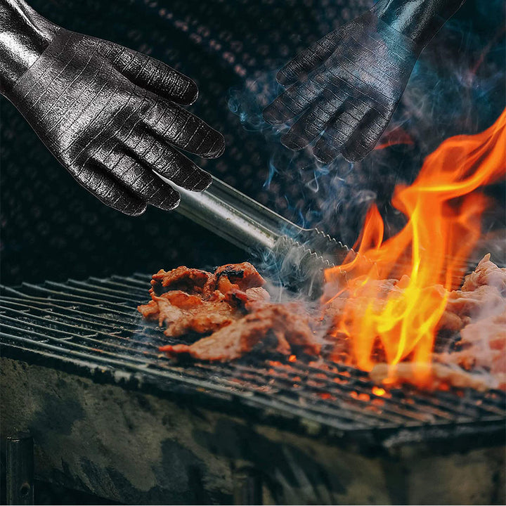 High Heat Resistant BBQ Gloves with Non Slip Silicone Grip and Extended Cuff for Grilling and Oven Use Bowlift