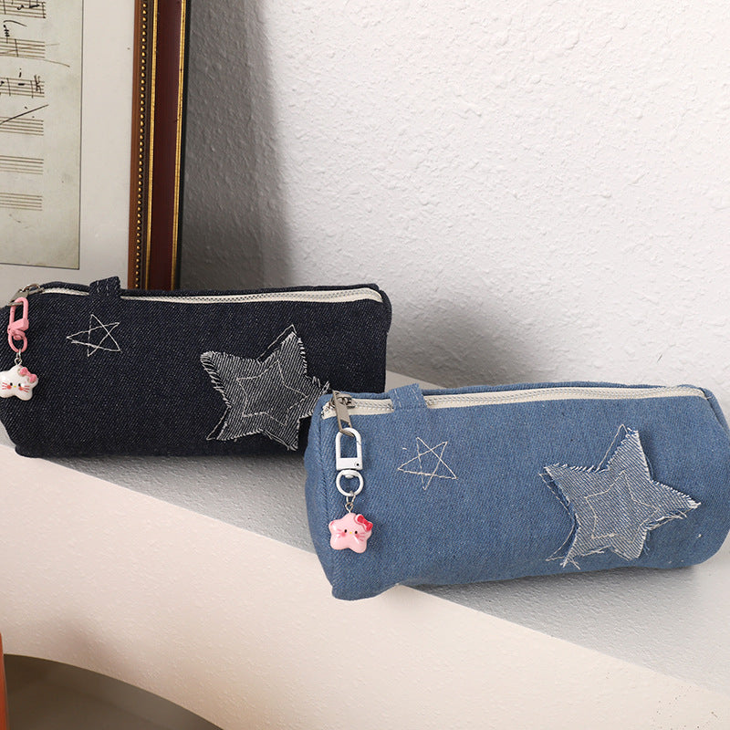 Denim Star-Appliqué Cylinder Pencil Case Makeup Pouch Bowlift