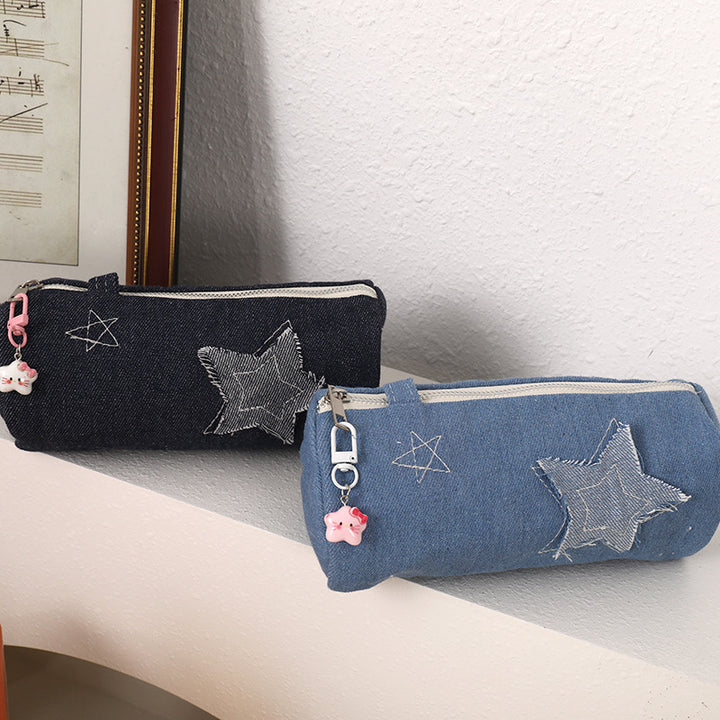 Denim Star-Appliqué Cylinder Pencil Case Makeup Pouch Bowlift