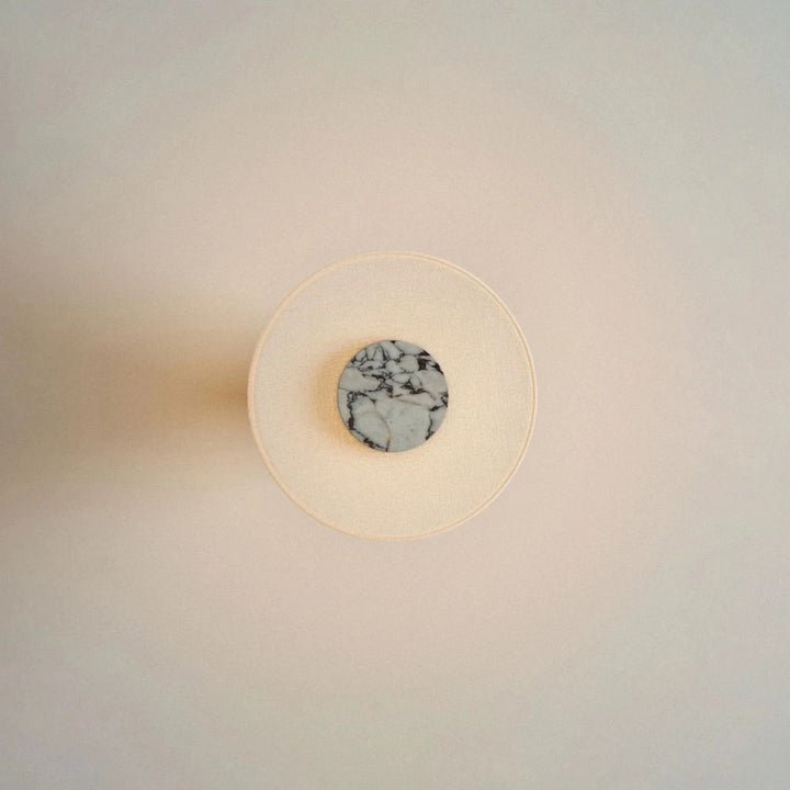 Sculpted natural stone table lamp with fabric drum shade and dimmer Bowlift