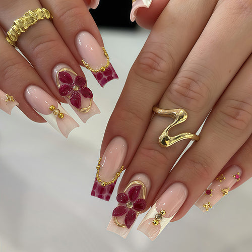Premium Floral Design Press-On Nail Set with Decorative Elements Bowlift