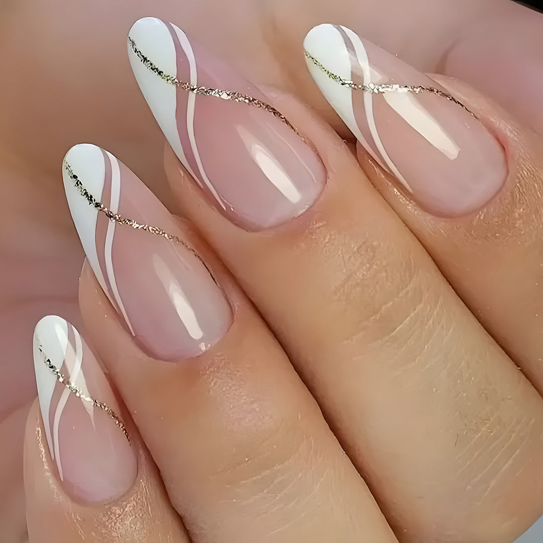 Elegant Stiletto Press-On Nails with Gold Accent Design Bowlift