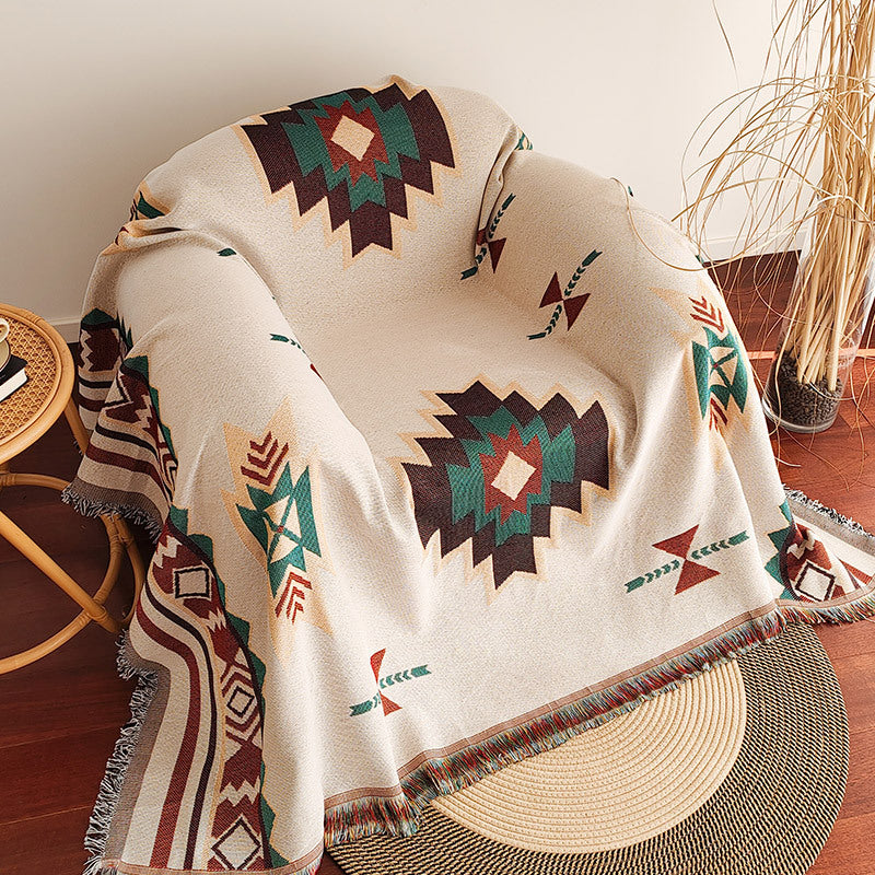 Waffle Weave Cotton-Linen Fringe Sofa Throw Blanket Bowlift