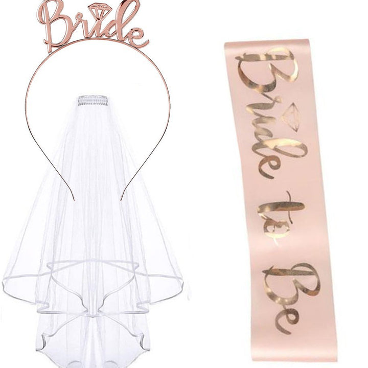 Women's bridal accessories set with shimmering veil and personalized sash Bowlift