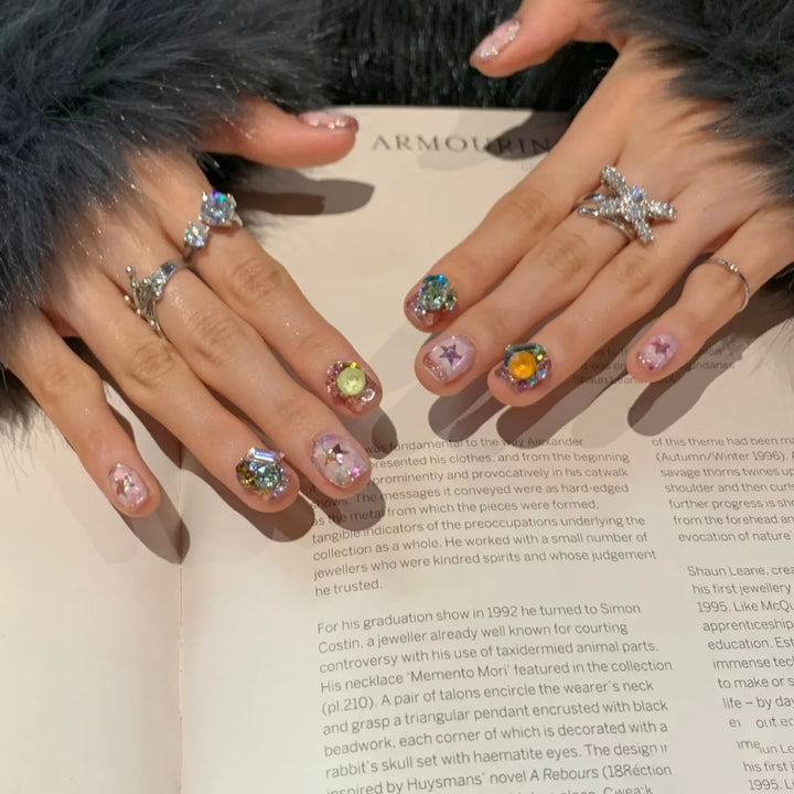 Artistic Press-On Nail Set with Gemstone Accents Bowlift