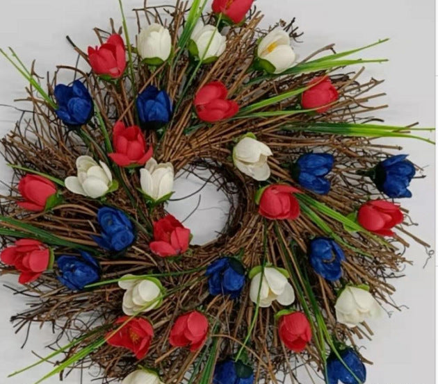 Unisex nan patriotic mesh floral wreath with layered petal design and star accents Bowlift