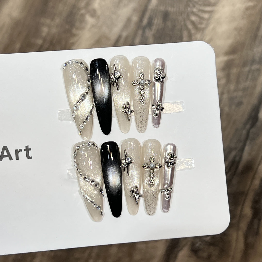 Decorative Stiletto Press-On Nail Set with Starry Accents Bowlift