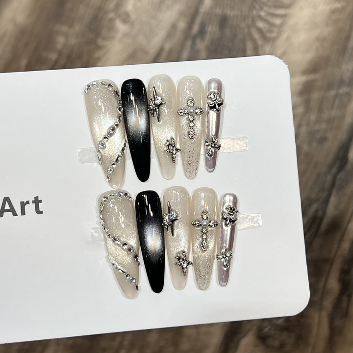 Decorative Stiletto Press-On Nail Set with Starry Accents Bowlift