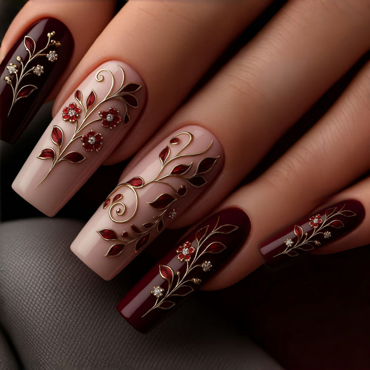 Artificial nails with elegant floral decorations Bowlift