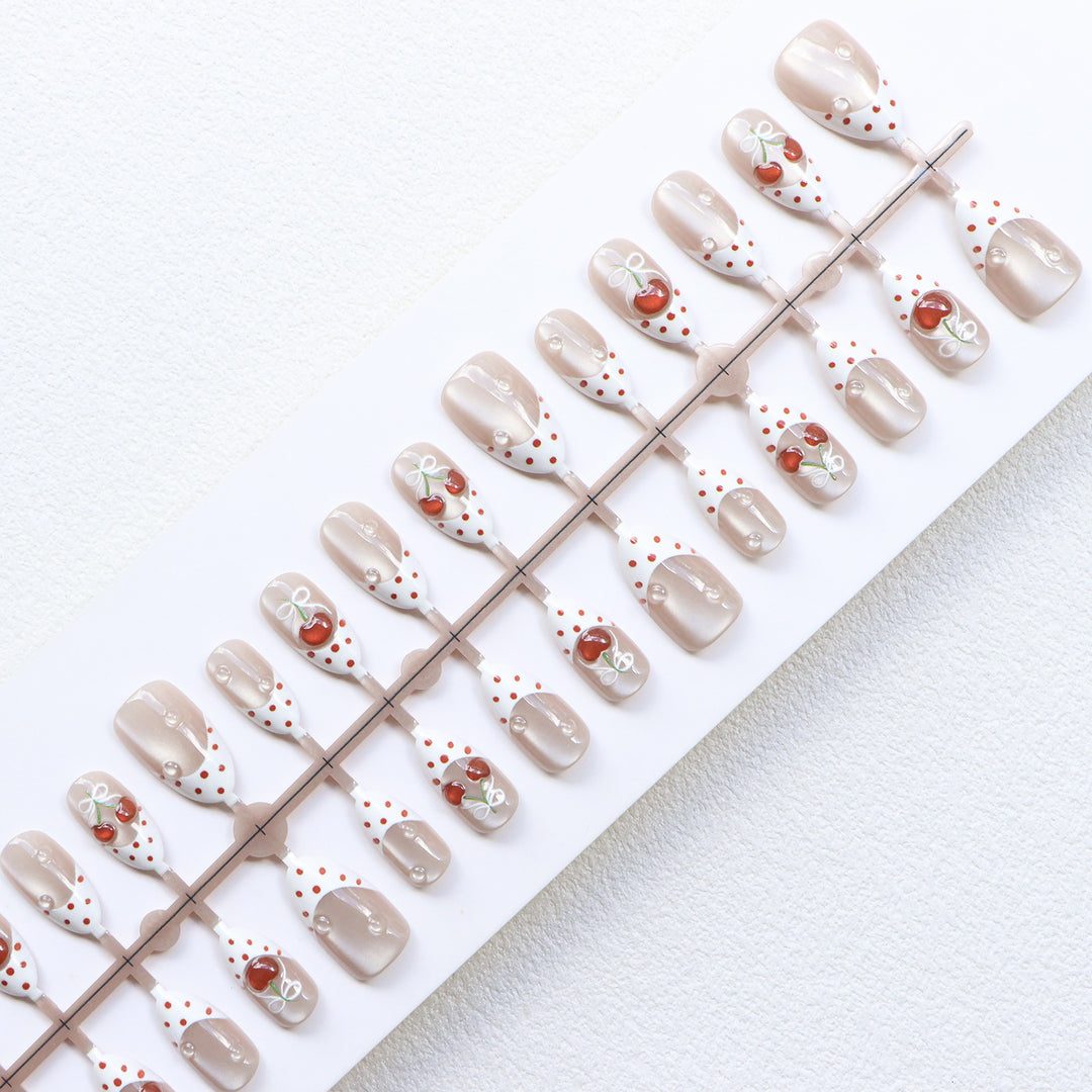 Charming Cherry-Themed Press-On Nail Set Bowlift