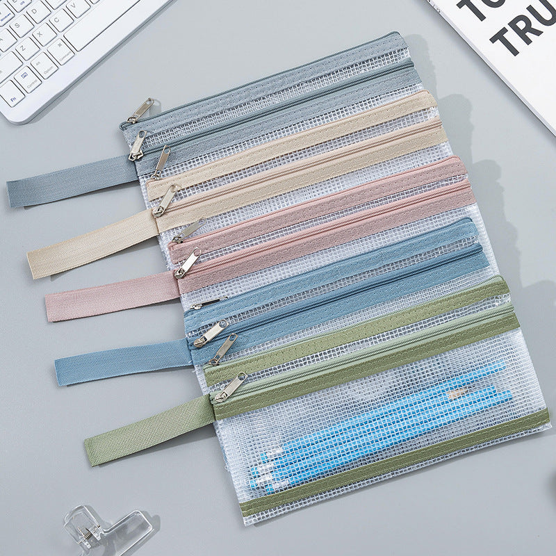 Transparent Mesh Zipper Pouch Set with Wrist Strap Stationery Organizer Bowlift