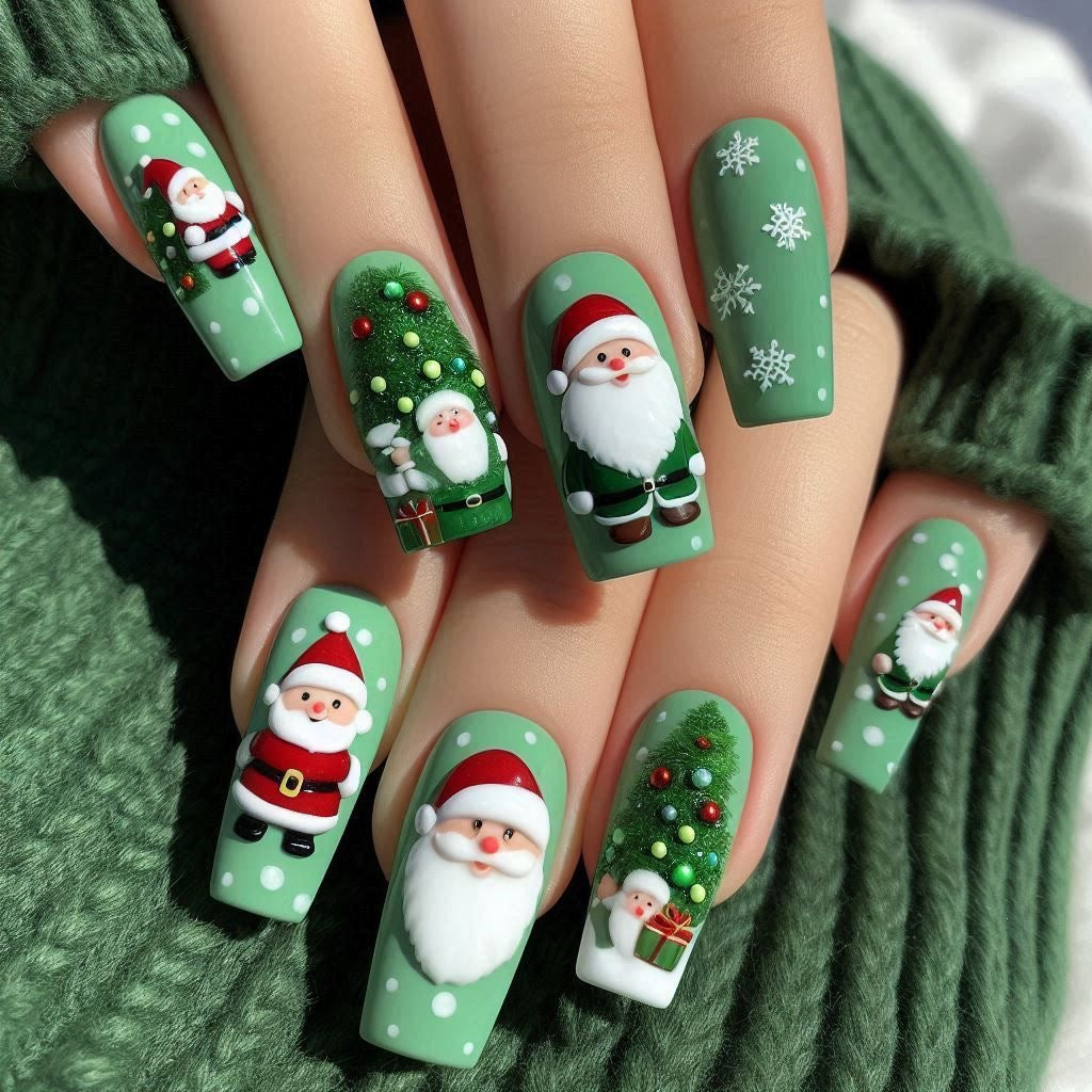 Glittering artificial nails in festive Christmas design Bowlift