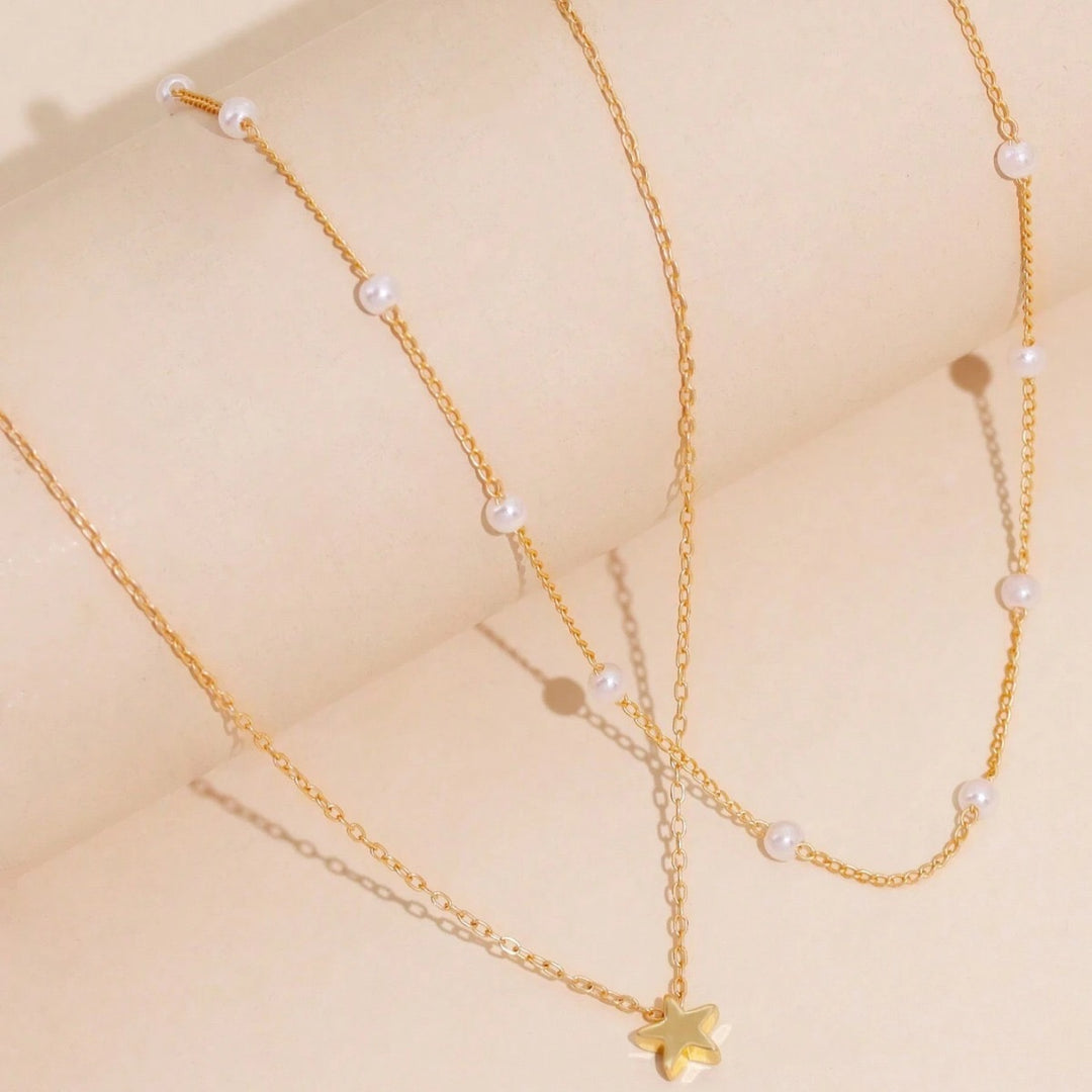 Layered Pearl and Star Pendant Necklace Bowlift