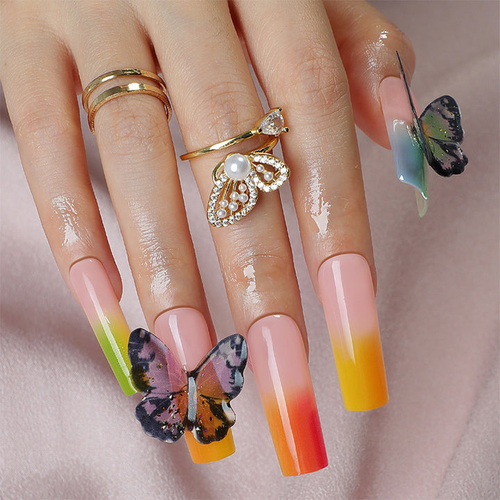 Artistic Press-On Nail Set with Butterfly and Gradient Design Bowlift