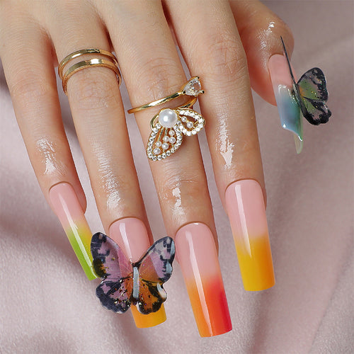 Artistic Press-On Nail Set with Butterfly and Gradient Design Bowlift