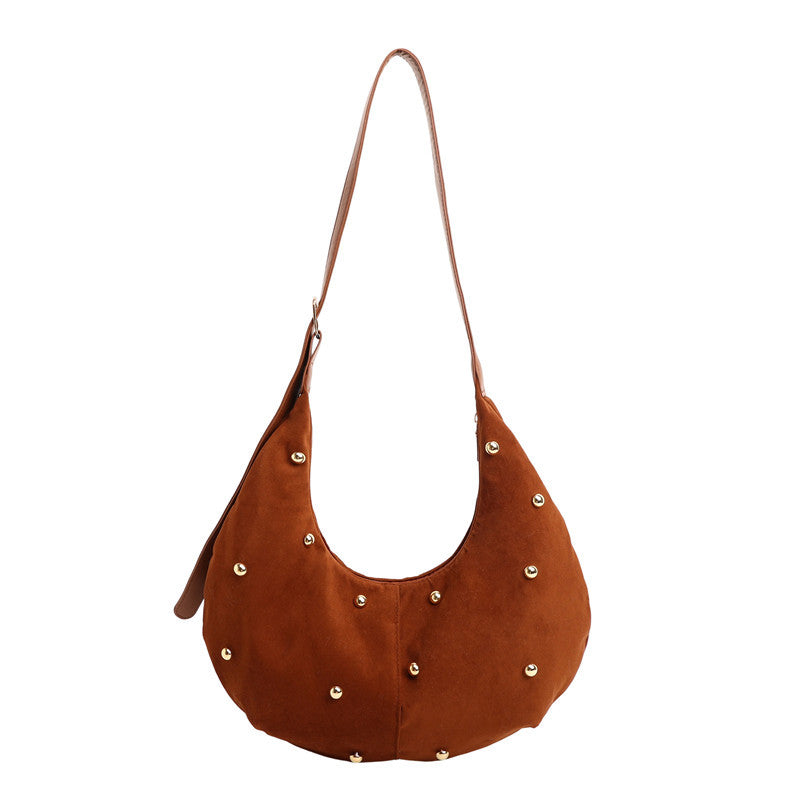 WoTextured Suede Hobo Bag with Decorative Studs Bowlift