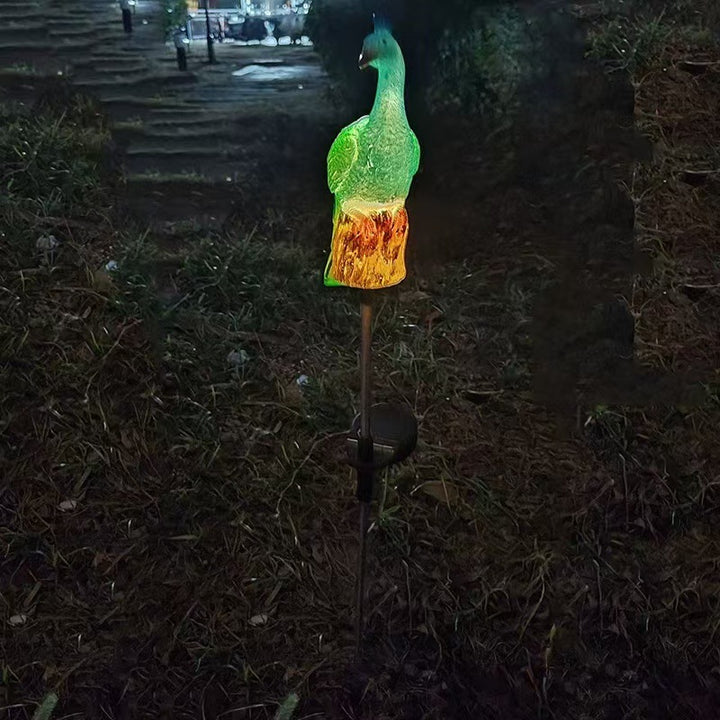Solar-Powered Resin Peacock Garden Stake Lights With LED Glow And Weatherproof Metal Stakes Bowlift