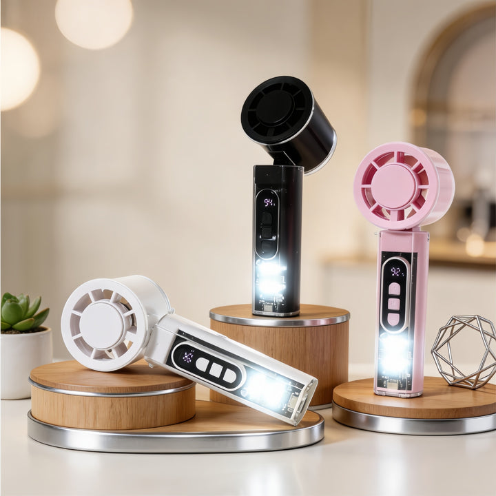 Portable Hand Fan with Digital Temperature Display and LED Lighting Bowlift