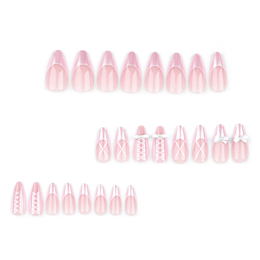 Artistic stiletto nails with elegant pearl and bow accents Bowlift