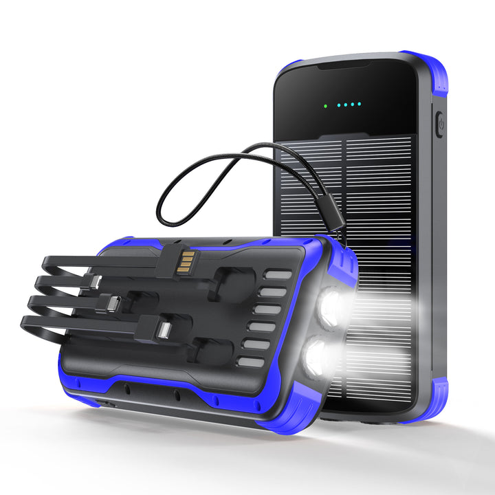 Rugged Portable Solar Power Bank With Integrated Multi-Tip Cables And LED Floodlight Bowlift