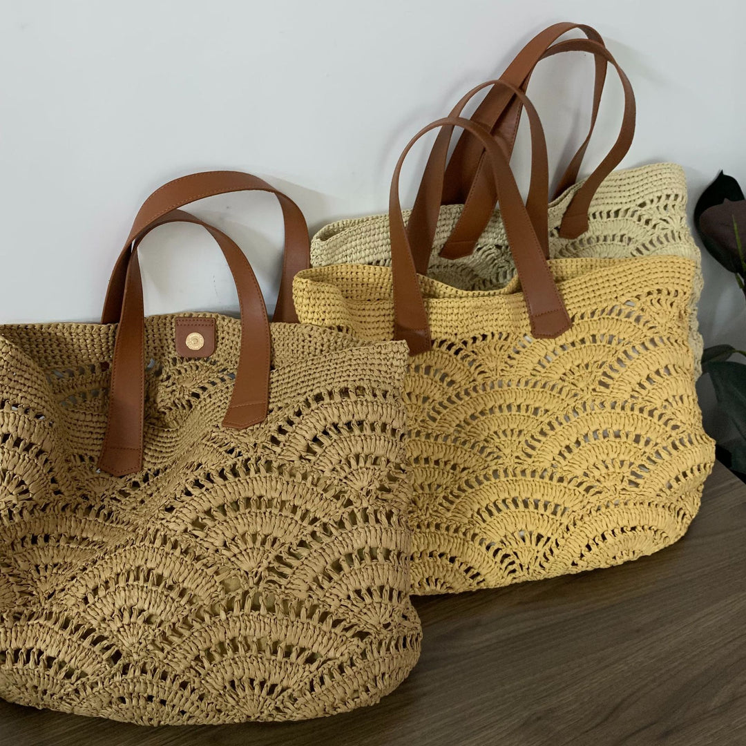 Handwoven macrame bag with leather handles Bowlift