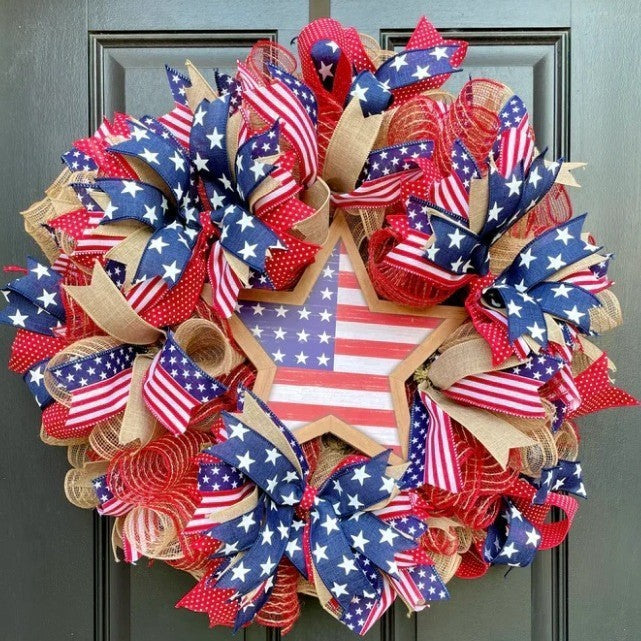 Unisex nan Patriotic Americana Heart Flag Wreath with Ribbon Mesh, Wooden Heart Cutout and Star Accent Bowlsift Bowlift