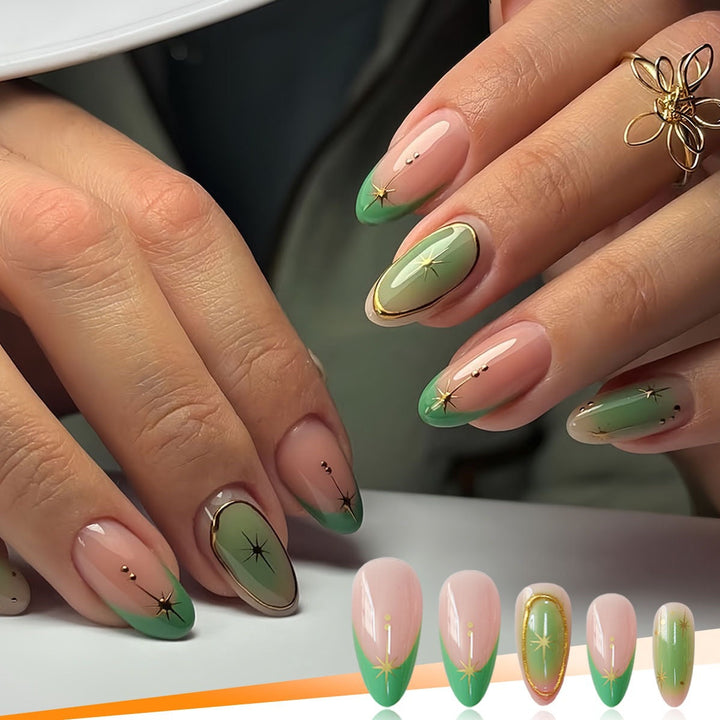 Artistic Gel Nail Enhancements with Gold Accents Bowlift