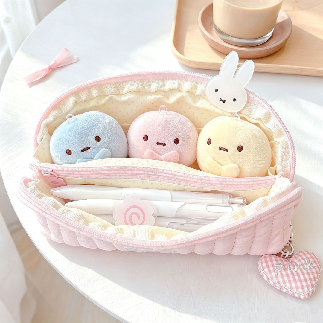 Cute Plush-Lined Zip Cosmetic Pouch with Bunny Charm Bowlift