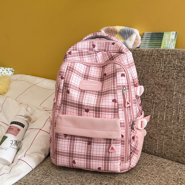 Stylish Checked Backpack with Heart Accents Bowlift