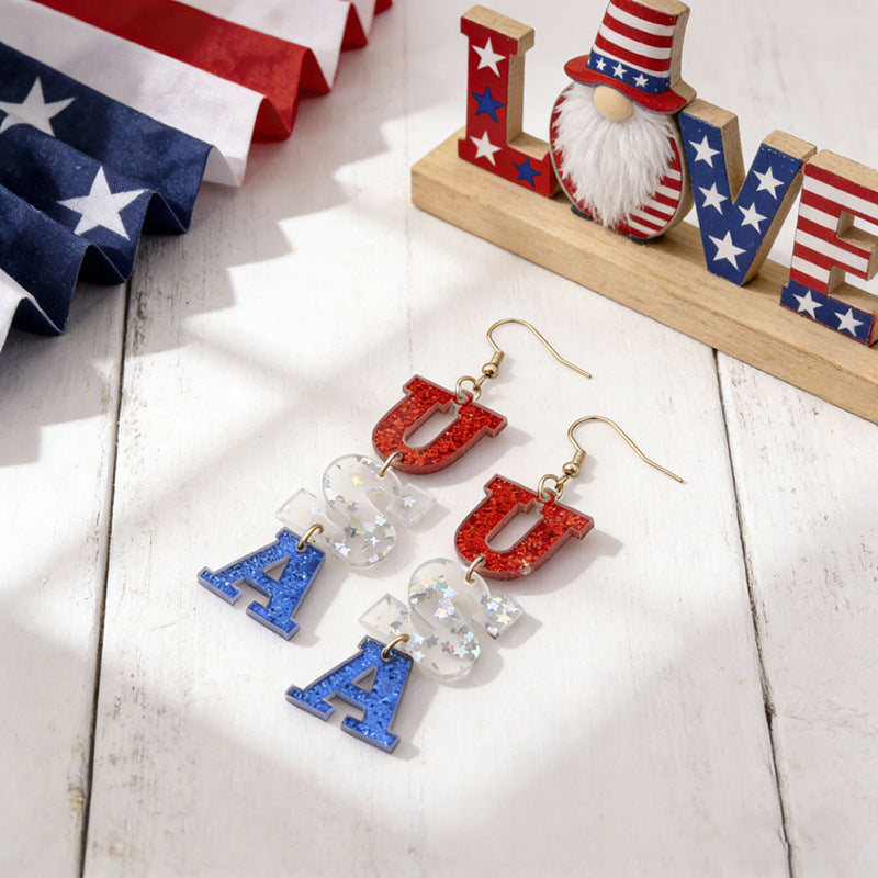 Women's acrylic statement earrings long pendant bow motif with patriotic print Bowlift