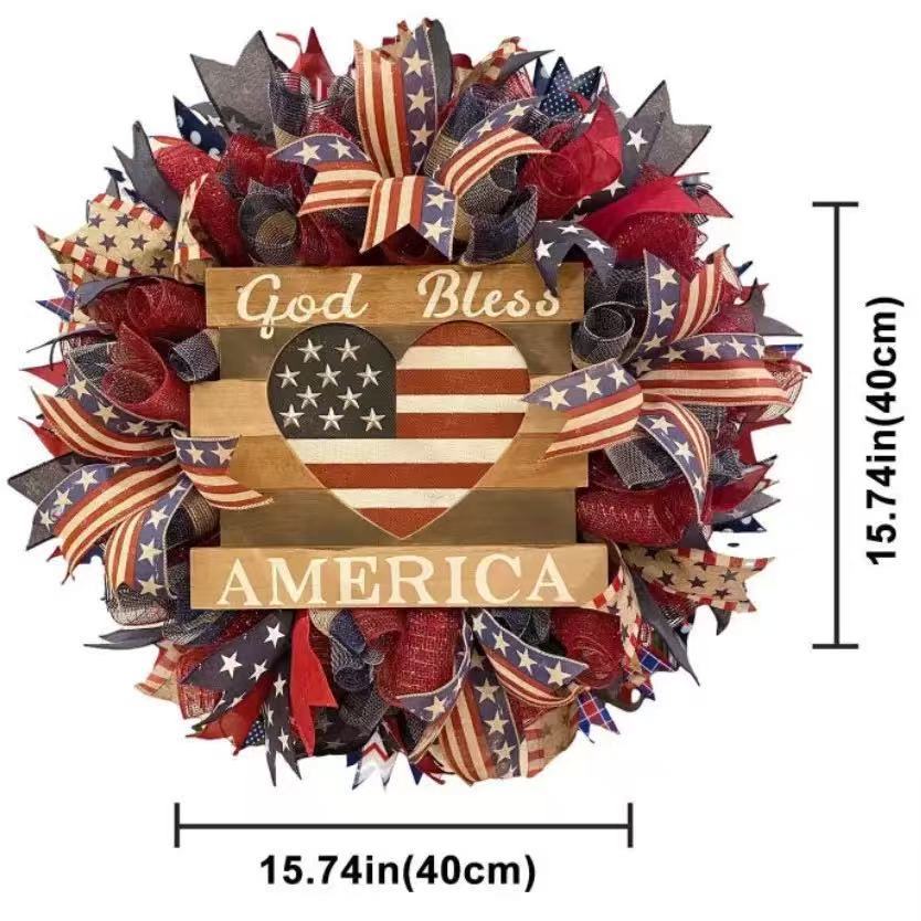 Unisex nan Patriotic Americana Decorative Front Door Wreath with Burlap Mesh Ribbon and Wooden Heart Plaque Bowlift