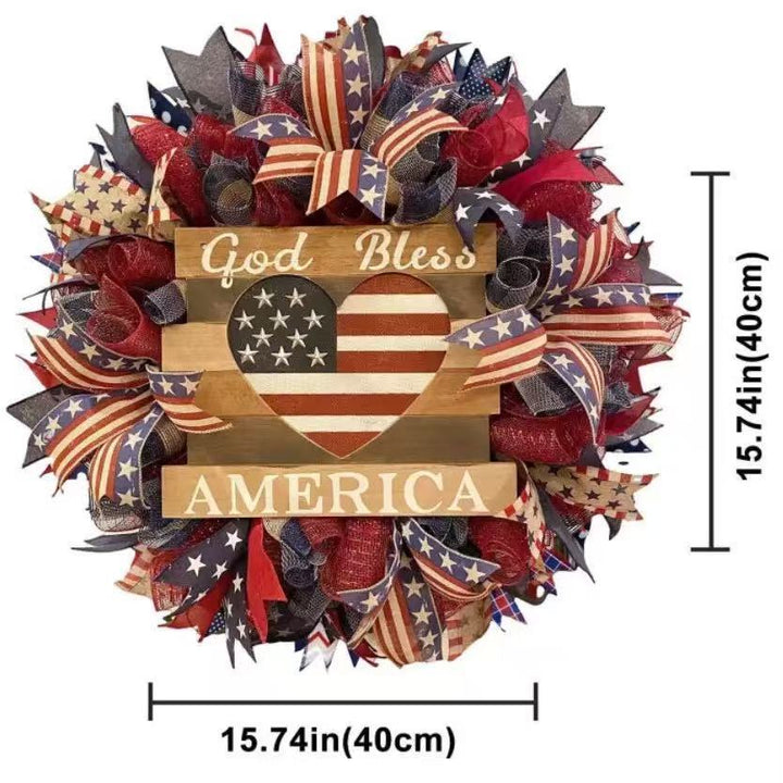 Unisex nan Patriotic Americana Decorative Front Door Wreath with Burlap Mesh Ribbon and Wooden Heart Plaque Bowlift
