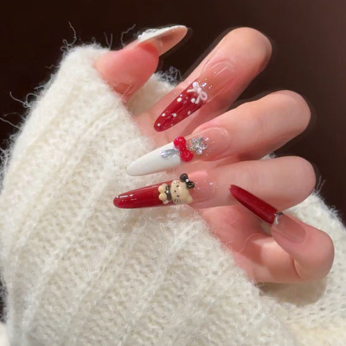 Artistic Press-On Nail Set with Holiday Designs Bowlift