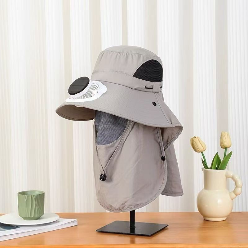 UV-Protect-Sun Hat with removable face and neck protection, integrated solar fan and breathable mesh Bowlift
