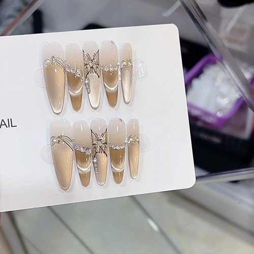 Artistic Butterfly and Pearl-Embellished Press-On Nail Set Bowlift