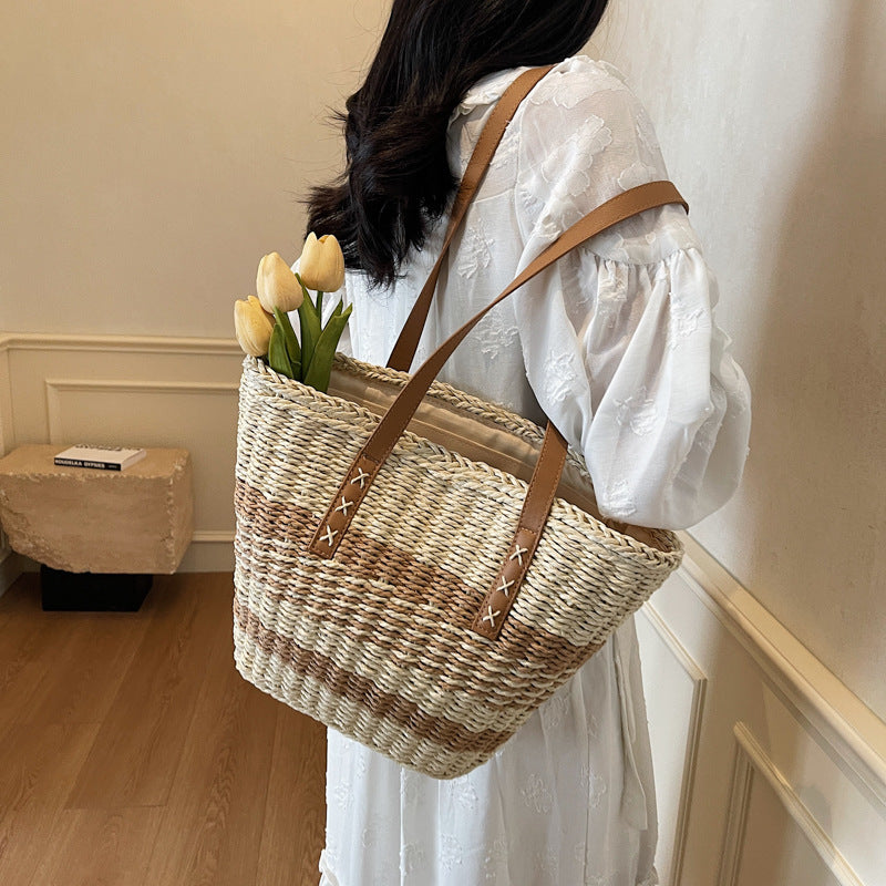 Woven Natural Material Handbag with Leather Accents Bowlift
