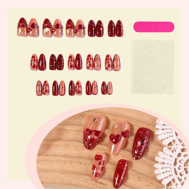 Decorative Press-On Nail Art Set with Heart and Gold Accents Bowlift
