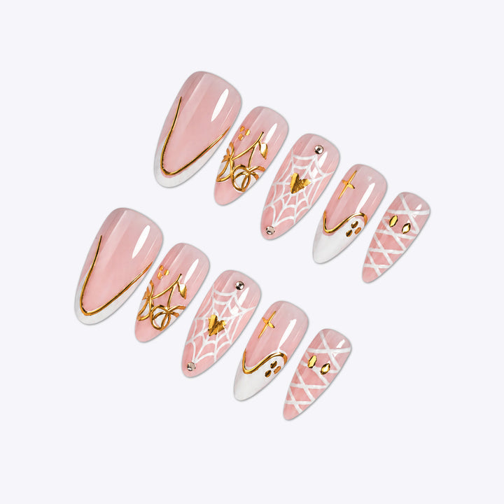 Acrylic nail set with elegant spider designs and golden accents Bowlift