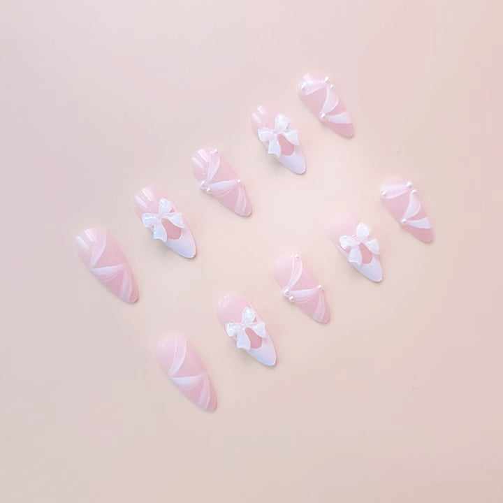 Artificial nail set with elegant 3D bows and lace decorations Bowlift