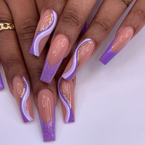 Glamorous French Tip Stiletto Press-On Nails Decorated with Glitter and Gold Accents Bowlift