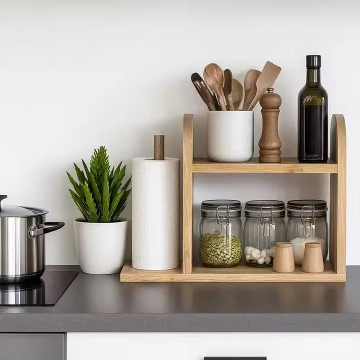 Bamboo double-tier countertop organizer with integrated paper towel holder and spice jar shelf Bowlift