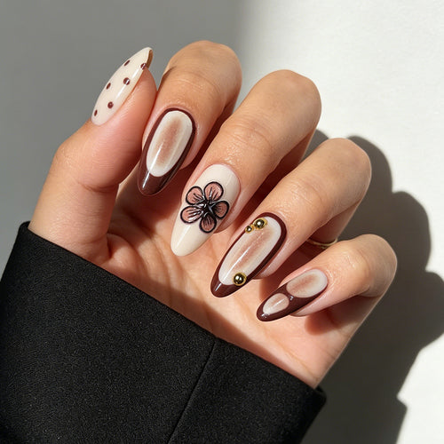 Artistic Press-On Nail Set with Floral and Geometric Designs Bowlift