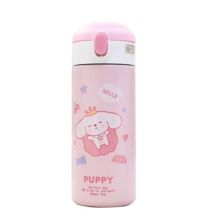 Women's insulated drinking bottle with cute dog design and practical flip cap Bowlift
