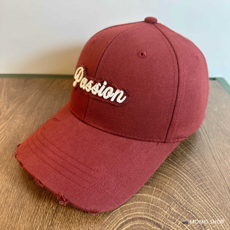 Women's Distressed Cotton Baseball Cap with Embroidered Quote Bowlift