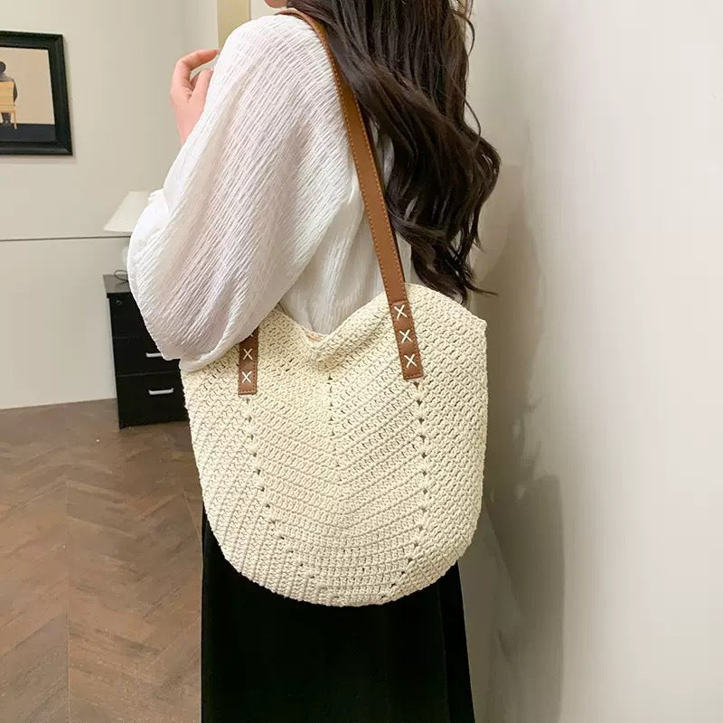 Handmade Beach Bag Made of Natural Material with Decorative Leather Accents Bowlift