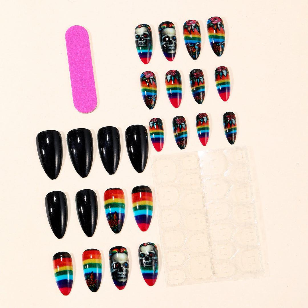 Artistic Skull-Themed Stiletto Nail Art Extensions Bowlift