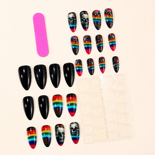 Artistic Skull-Themed Stiletto Nail Art Extensions Bowlift